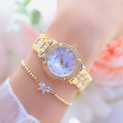 BS Watch Ladies 1338 Fashion Elegant Dress Bracelet Full Steel Rhinestone Lady Watches Charm Quartz Wrist Clock Reloj Mujer