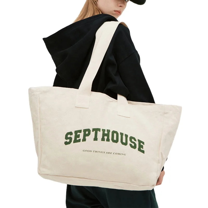 Customized Logo Printed Oversized Cotton Canvas Tote Bag Active Lifestyle Sporty Weekday Shopping Bag with Weekend Gym Use Mind