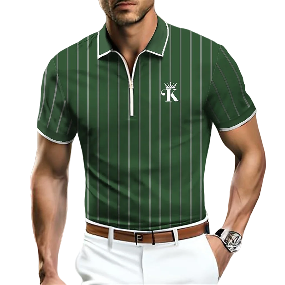 Hot Selling Men's Zipper Lapel Polo Shirt Poker & Striped Print Golf Shirt Outdoor Street Style Short Sleeve Tops