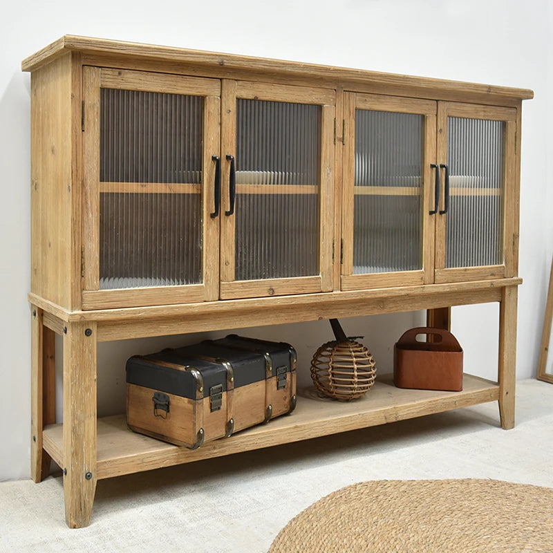 INNOVA Solid Wood Handmade 4-Door Sideboard Storage Cabinet Rustic Vintage Style with Shelf for Living Room Furniture