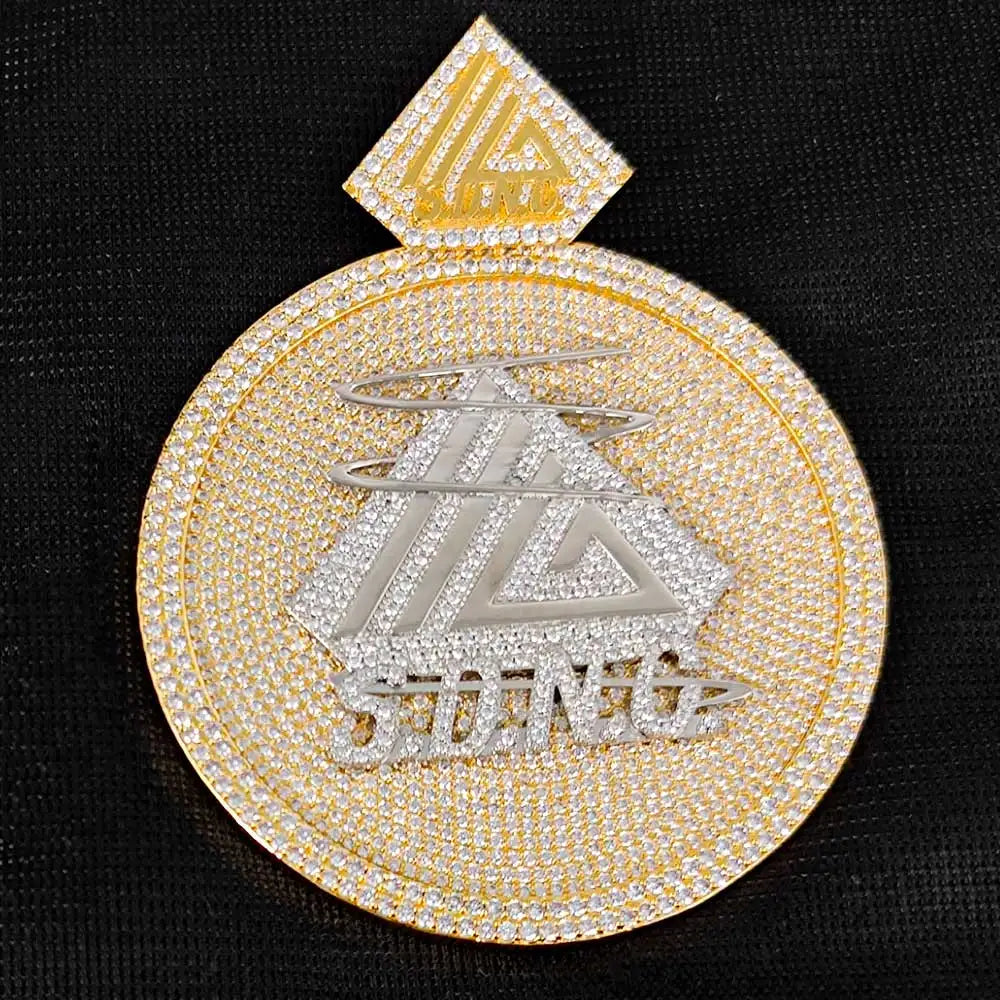 NUOYA Custom Gold Plated Emblem Pendant Iced Out Diamond Logo Charm Two Tone Big Round Shape Pendant for Necklace
