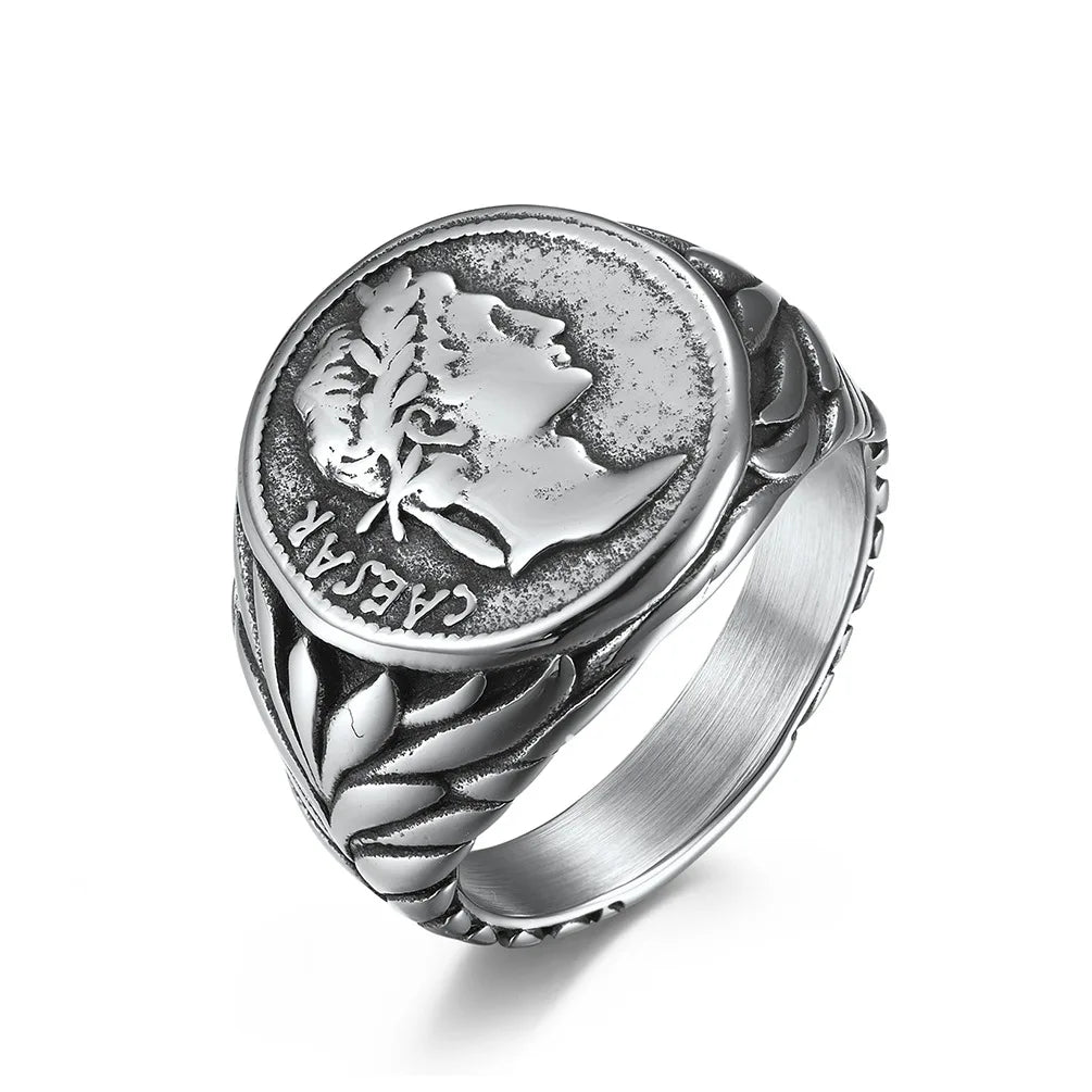 Vintage Roman Empire Caesar the Great Head Ring Stainless Steel Hip Hop Coin Caesar Figure Signet Ring for Men