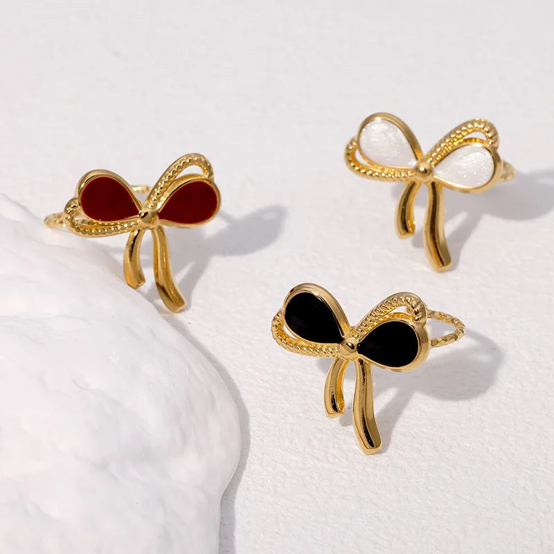 Women's Multicolor Stainless Steel Rings 18K Gold Plated Enamel Bowknot Vintage Style Open Fingering Ring Accessories