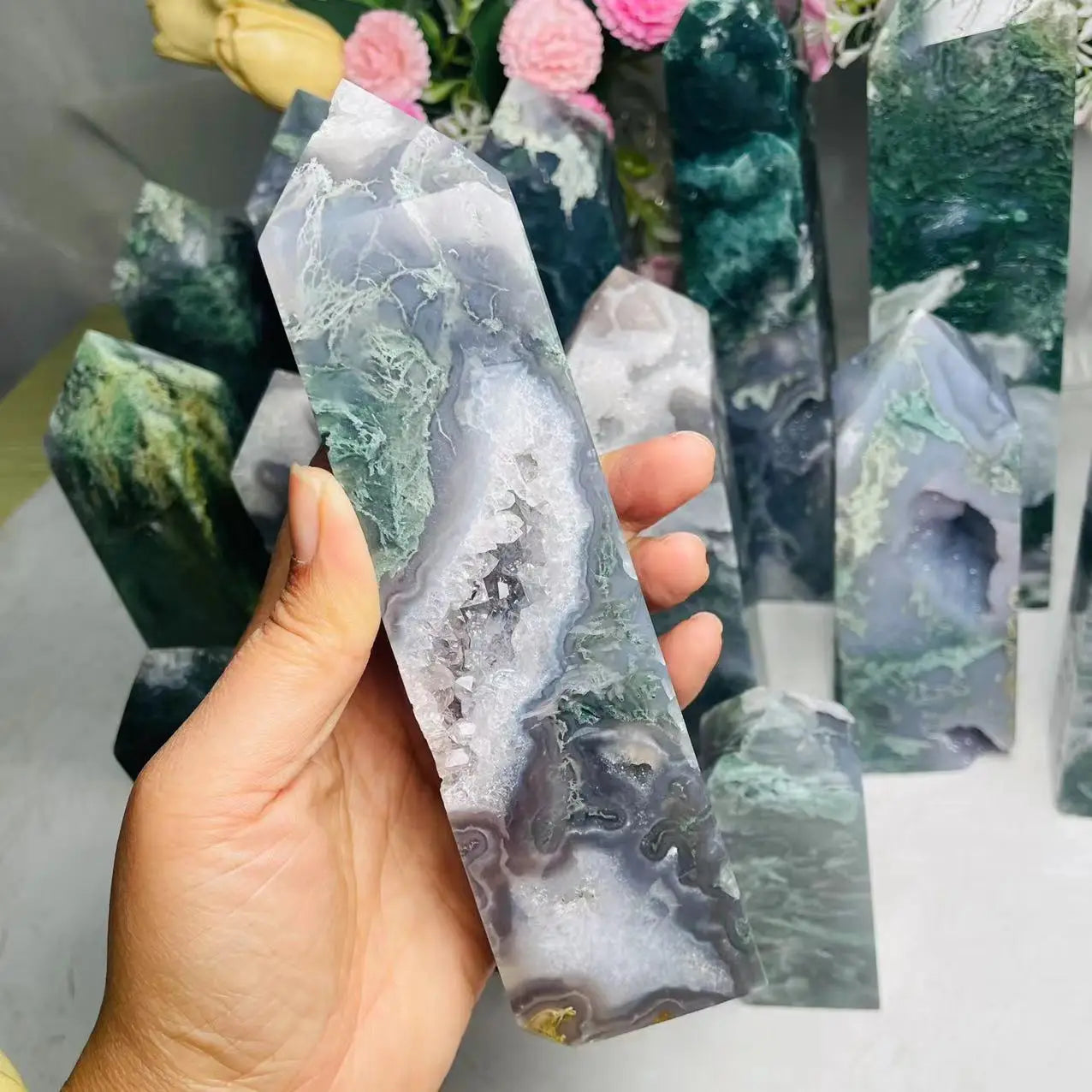Wholesale Natural Crystals Healing Gemstone Customization Tetrahedron Moss Agate Wand Tower Points
