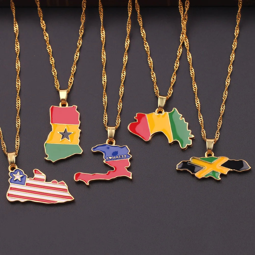 New Country Map Flag Necklace Africa Guinea Ghana Liberia Undersea Jamaica South Africa Congo Honduras Pendant Chain Necklace