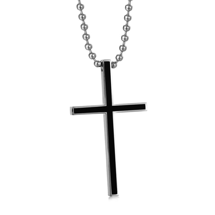 Simple Christian Religious Jewelry White Black Enamel Stainless Steel Cross Pendant Necklace