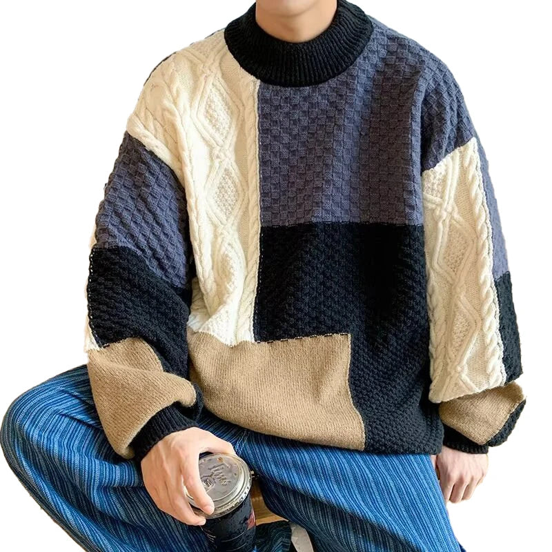 Autumn and Winter Color Blocking Round Neck Knitted Sweater Casual Loose Knit Pullover Knitted Pullover Sweater for Men
