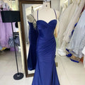Latest Custom Navy Blue Wedding Guest Dress Sexy Slim Pleat Slit A-Line Prom Gown with Lace-Up Back Boning Design for Plus Size