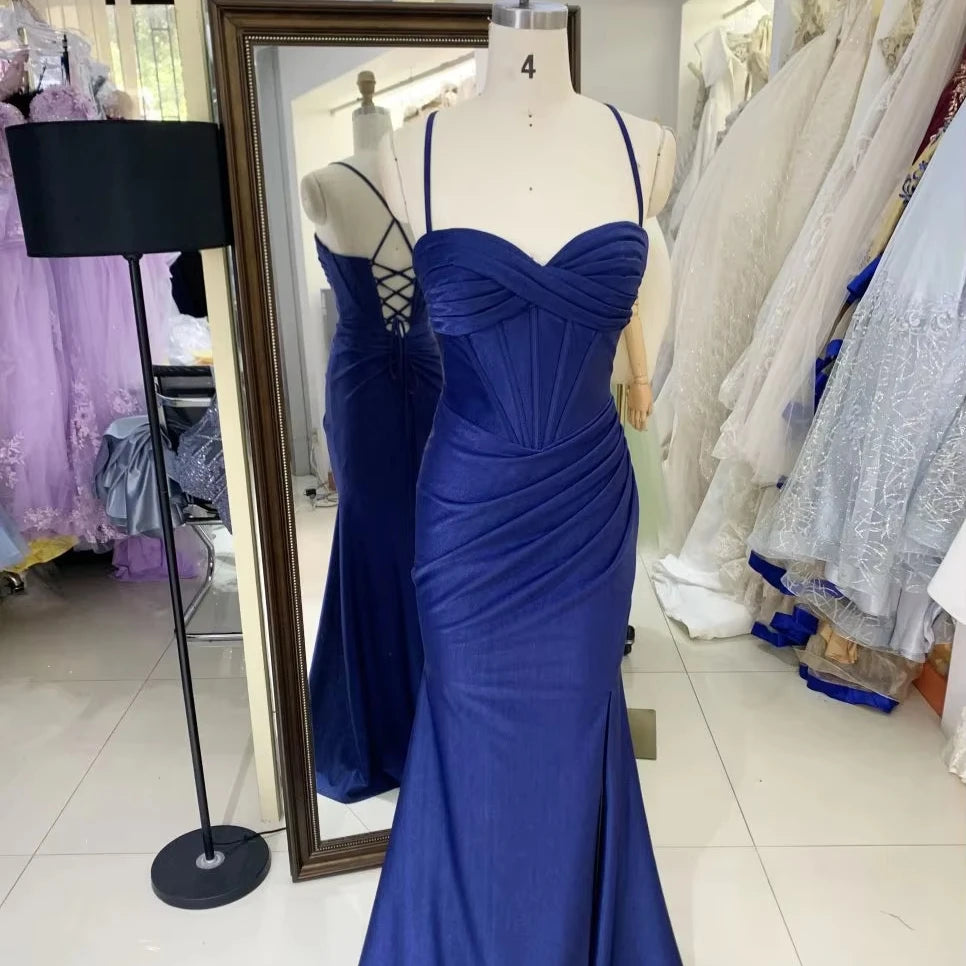 Latest Custom Navy Blue Wedding Guest Dress Sexy Slim Pleat Slit A-Line Prom Gown with Lace-Up Back Boning Design for Plus Size