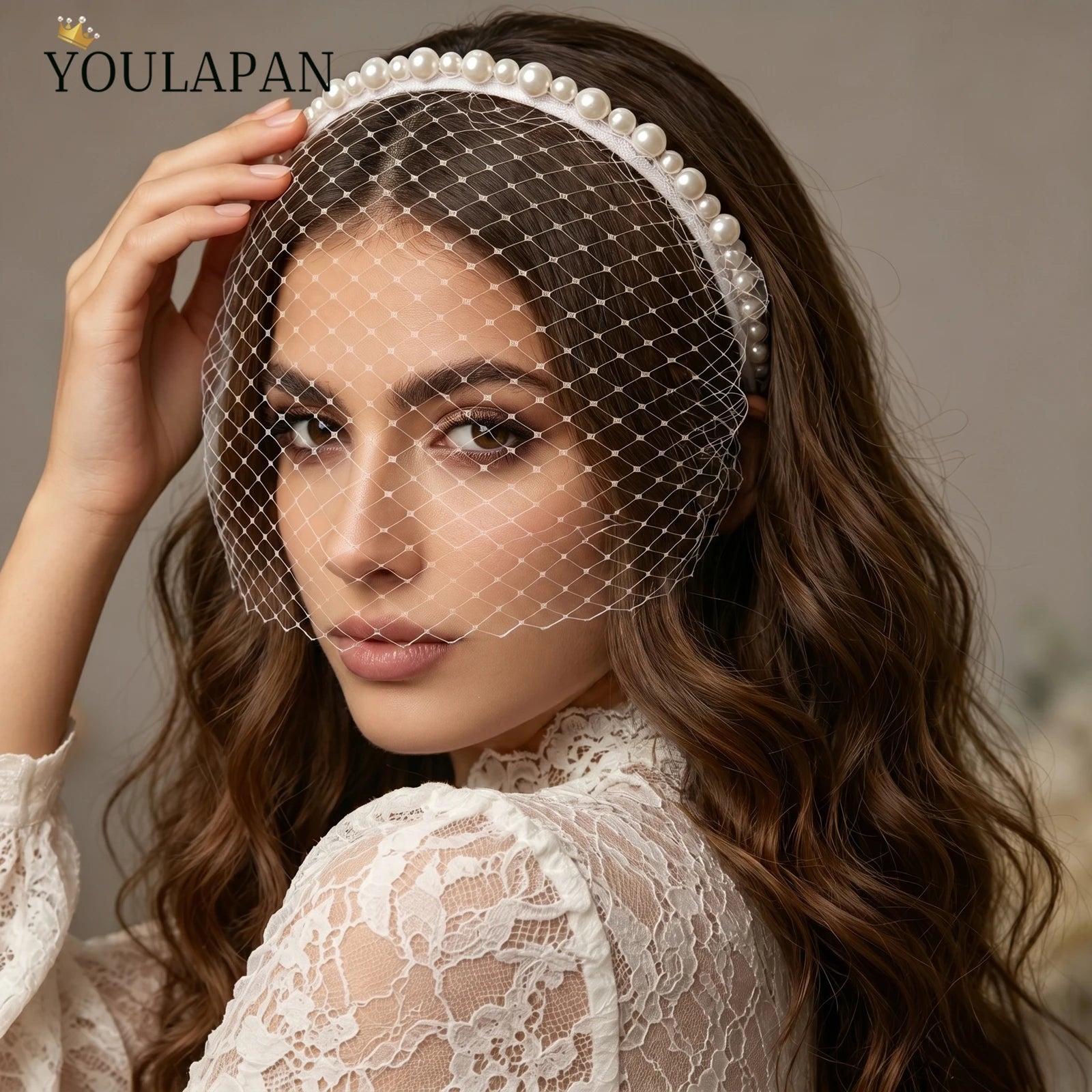 YouLaPan VA11 Handmade Birdcage Veil White Black Pearl Headband Blusher Veil for Bridal Headwear Face Veil
