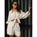 Summer Outfit Elastic Waist Shorts Suits 100% Cotton 2 Pieces Cozy Lapel Lantern Sleeve Shirt Casual Shorts Sets