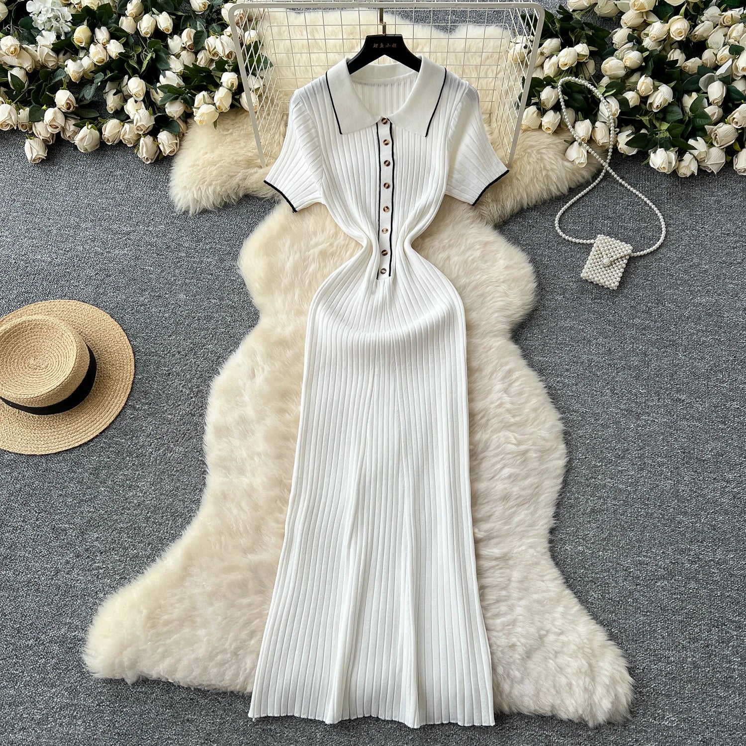 2025 New LW1375 Retro Color-Block Collar Short Knit Dress for Women - Vintage Chic Dresses Women Lady Elegant