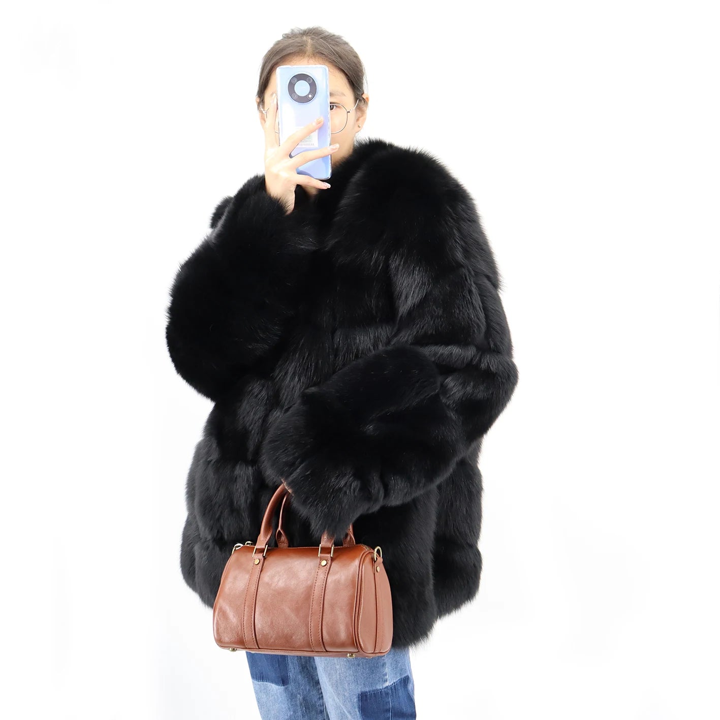 Women's Blue Fox Fur Coat-Plain Dyed Breathable Waterproof Winter Streetwear with Polyester Lining and Thick Fur
