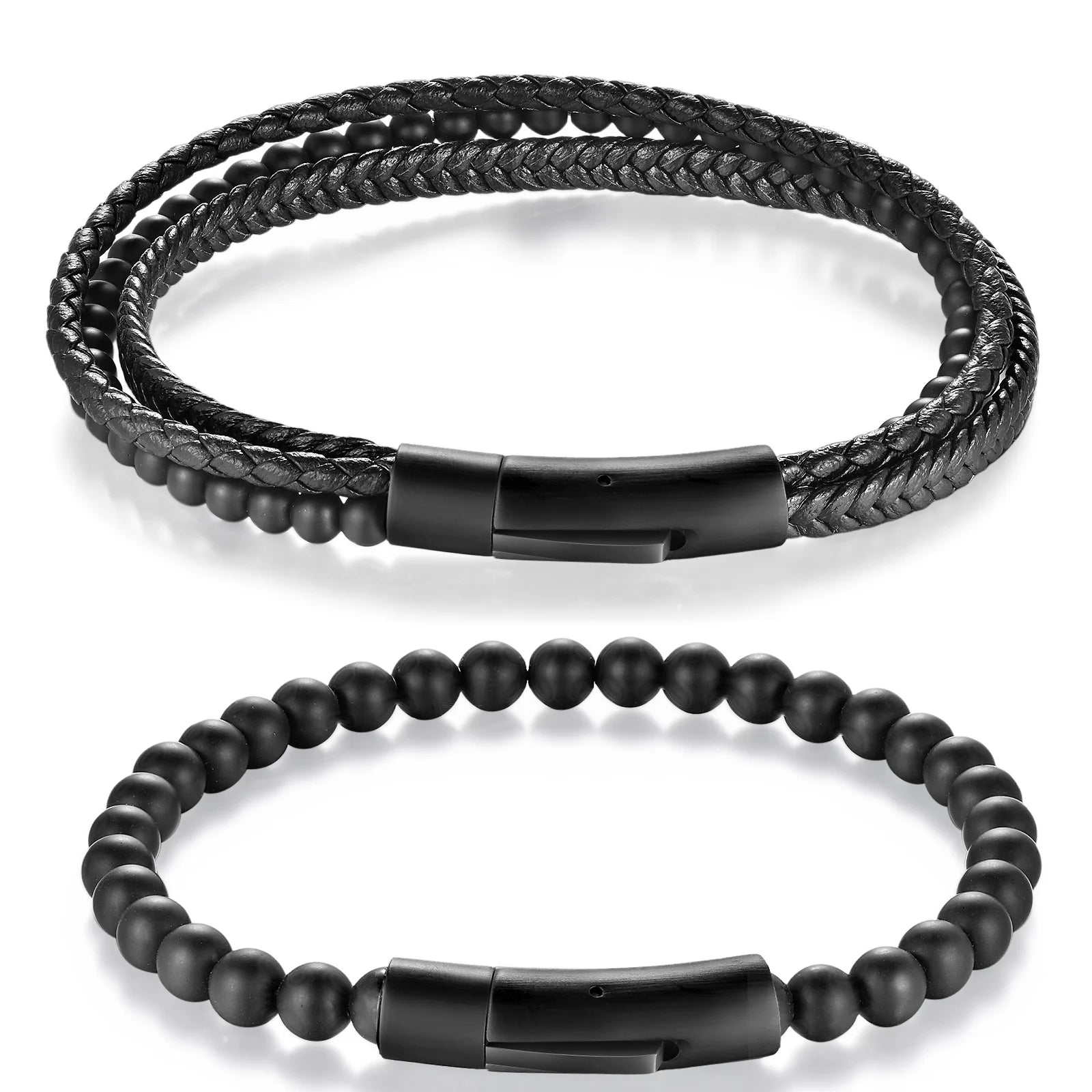 Men Wrist Jewelry Gift Punk Wrap Leather Lava Stone Beaded Bracelet PVD Black Clasp Multi-Layer Braided Genuine Leather Bracelet