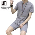 Liu Ming Chinese Style 2025 Summer Men S Linen Set Short Sleeve V Neck T Shirt Shorts Breathable & Comfortable Clothing Set