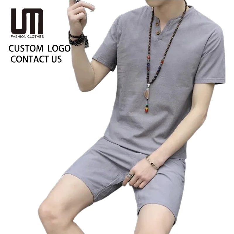Liu Ming Chinese Style 2025 Summer Men S Linen Set Short Sleeve V Neck T Shirt Shorts Breathable & Comfortable Clothing Set