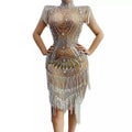 Sexy Club See Through Tassel Rhinestones Club Evening Dress Latin Dance Stage Costume Sexy Plus Size Party Prom Dress