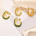 Fine Jewelry Trendy Wedding Stainless Steel 18K Gold Plated Geometric Hoops Earrings with Green Stone and White Zircon