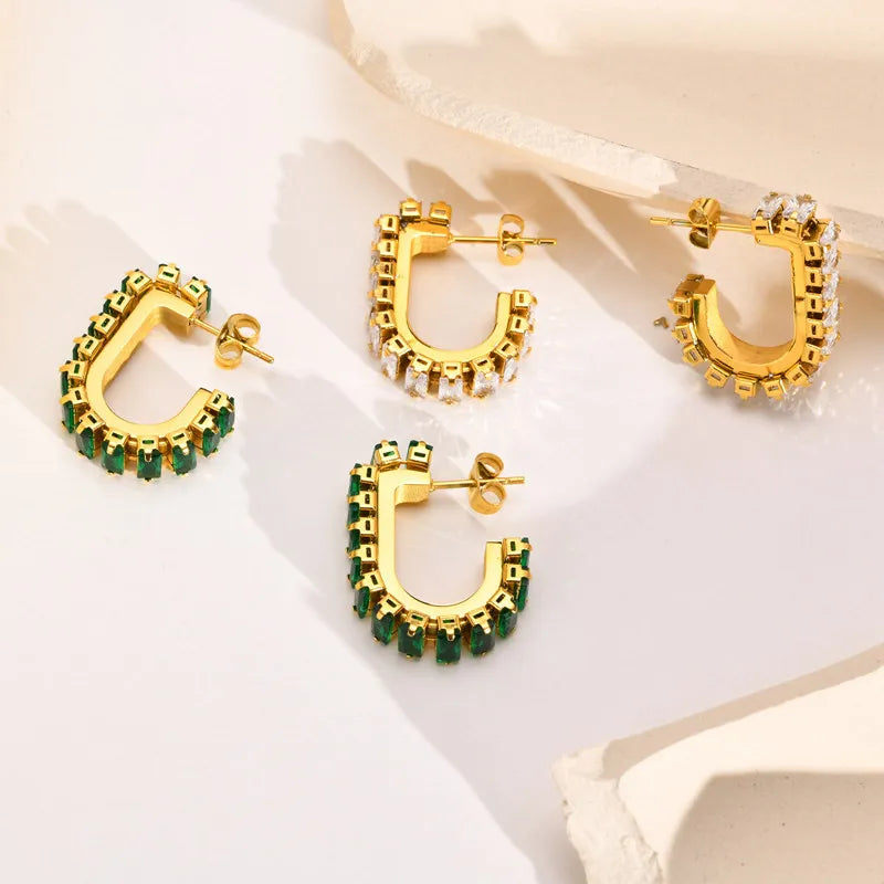 Fine Jewelry Trendy Wedding Stainless Steel 18K Gold Plated Geometric Hoops Earrings with Green Stone and White Zircon