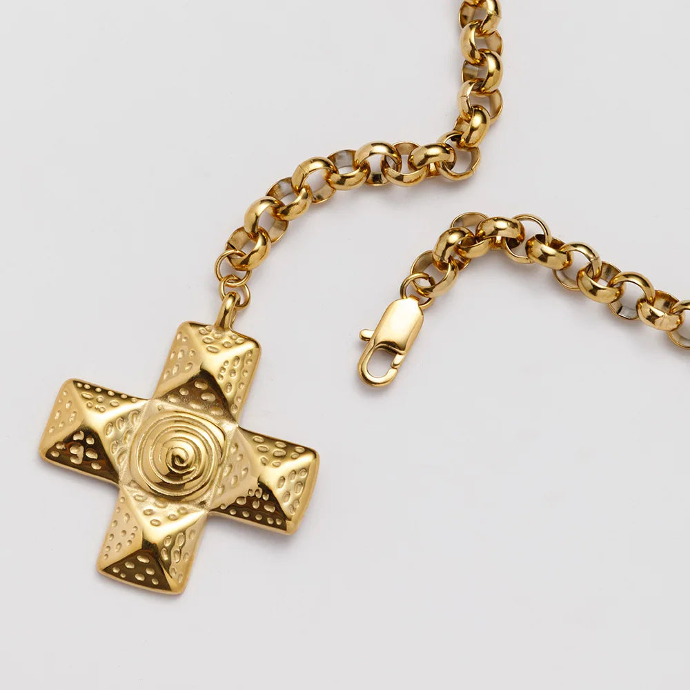 Fashion Stainless Steel 18k Gold Plated Versatile Non Tarnish Tourbillon Cross Necklace Waterproof Jewelry YF3927
