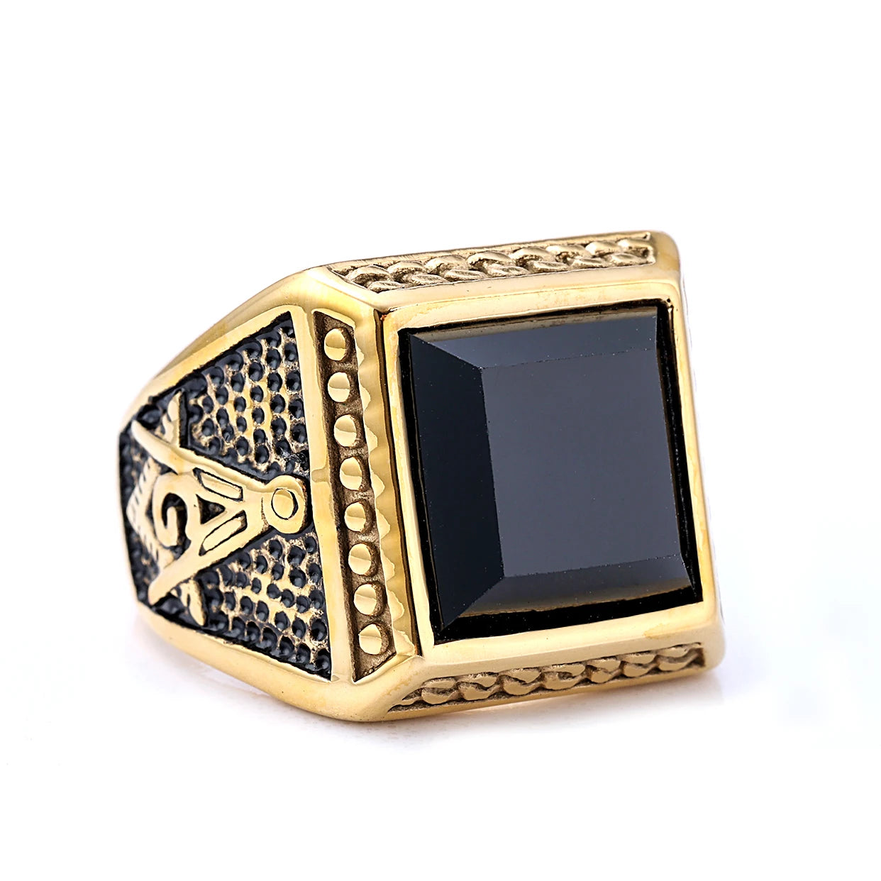 Custom Design Mens Gold Plated Free Mason Ring Stainless Steel Black Agte Stone Masonic Signet Rings for Men Women