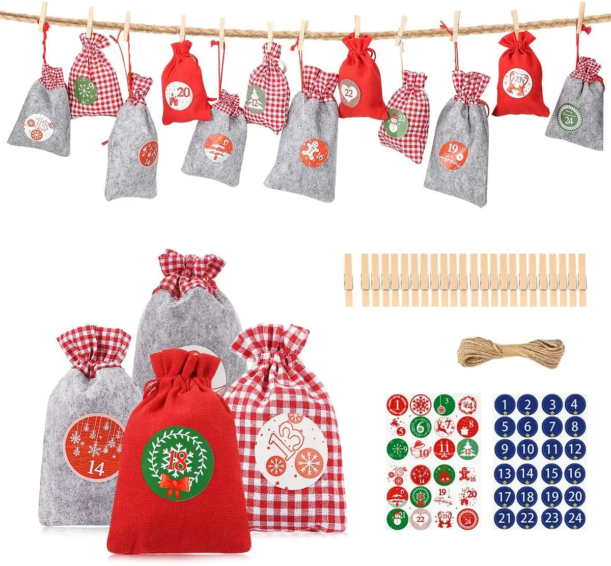 24 PCS 1-24 Christmas Countdown Advent Calendar Linen Fabric Bag Filling Numbers Buttons Eco Friendly Indoor Christmas Factory