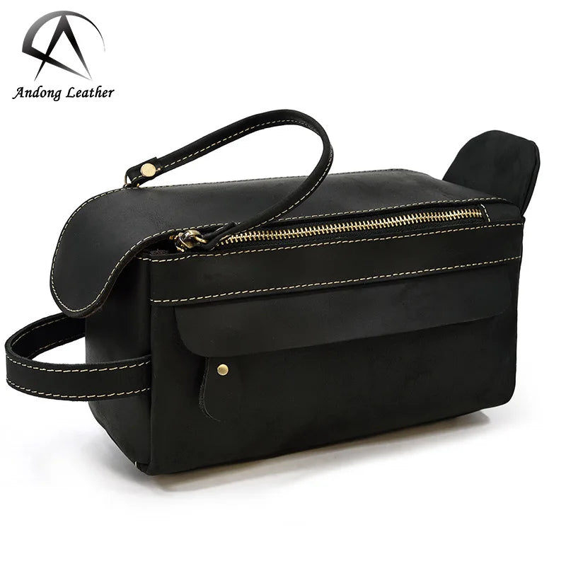 Men Genuine Leather Multifunctional Clutch Bag Crazy Horse Skin Women's Cosmetic Bag Large Capacity Toiletry Storage Bag