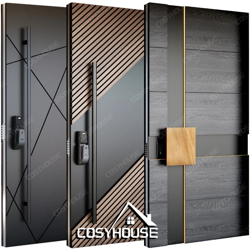Black Wood Grain Cast Aluminum Pivot Door Double Sided Security Entrance Door with LED Strip and Glass Sidelights for Villa