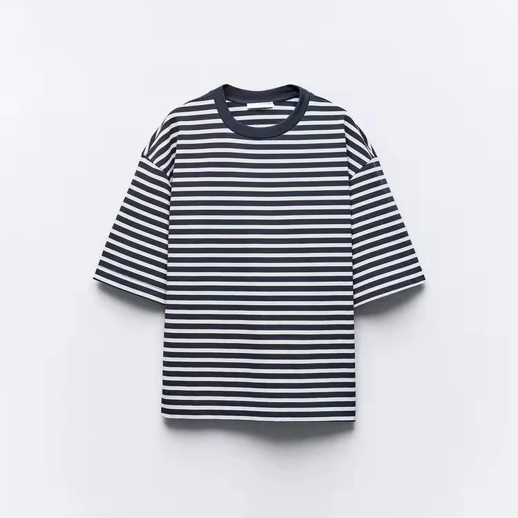 Women's Oversized Striped T-shirt Oversized Crew Neck Long Short Sleeves Oversized Ribbed Crew Neck T-shirt Short Sleeves