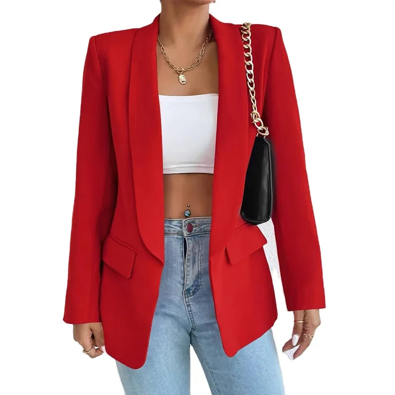 New Lady Solid Slim Casual Suit Top Spring Autumn Fashion Jacket Lapel Collar Open Stitch Women Blazer Top
