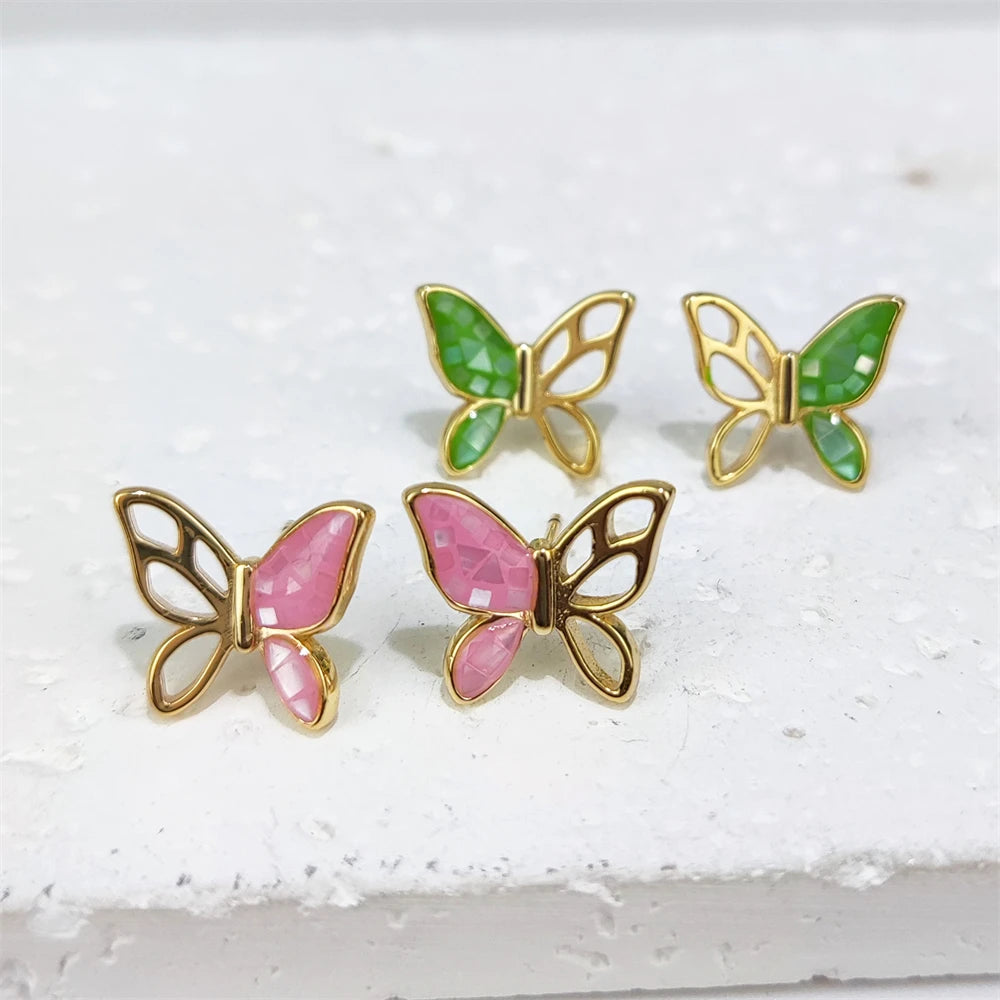 S925 Sterling Silver 18k Gold Plated Women's Stud Earrings Natural Sea Shell butterfly Shape Earrings Colorful for Girls Gift