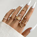 Wholesale Vintage Lady Rings Jewelry Women Bohemia Bar Hollow Heart Bowknot Gold 8pcs Pearl Alloy Ring Set