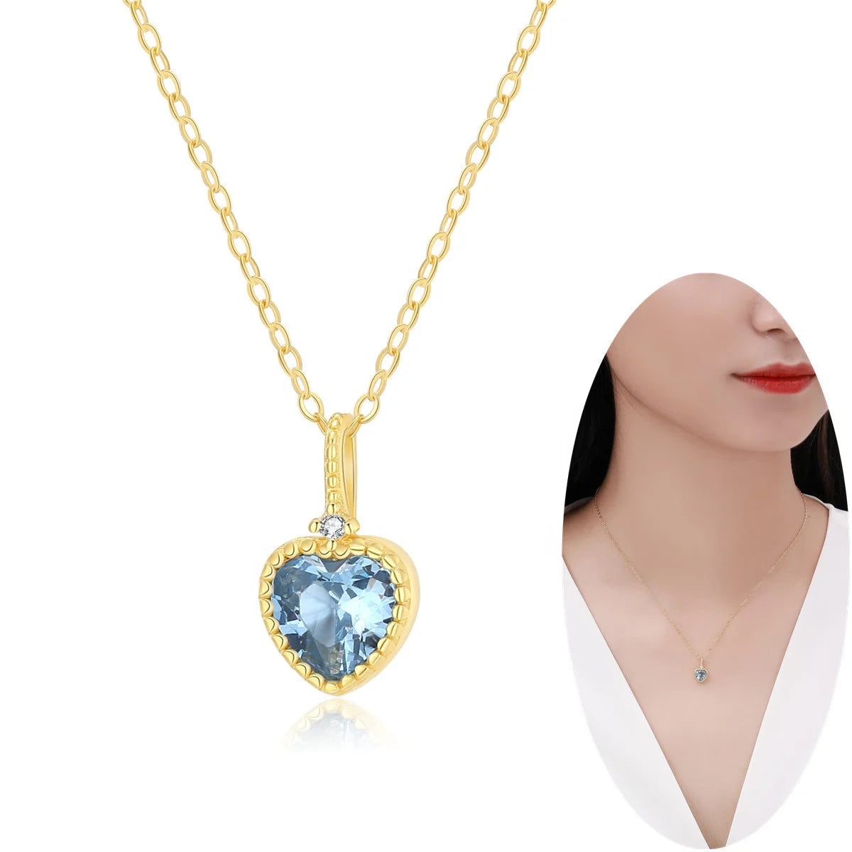 Trendy NEW Wholesale 925 Sterling Silver Blue CZ Love Heart Choker Necklaces Woman 18K Gold Plated Heart Pendant Necklace Gifts
