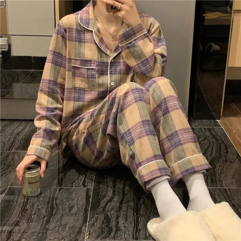 Wholesale New Two Pcs Sleepwear Pijama for Women Silk Pyjama Plaid Turn-down Pajamas