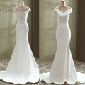 #9293 Elegant Cap Sleeve Sheath V Neck Plain Satin Bridal Dress Backless Off-Shoulder Corset Women Wedding Gown