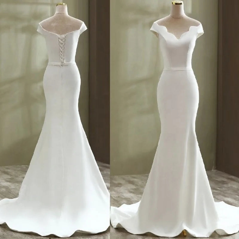 #9293 Elegant Cap Sleeve Sheath V Neck Plain Satin Bridal Dress Backless Off-Shoulder Corset Women Wedding Gown