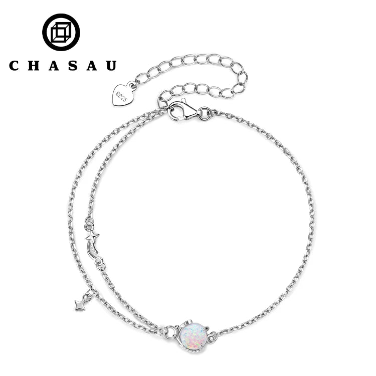 Trendy 925 Sterling Silver Cubic Zircon Stars Round 6mm Synthetic Opal Adjustable Double Chain Bracelet for Women