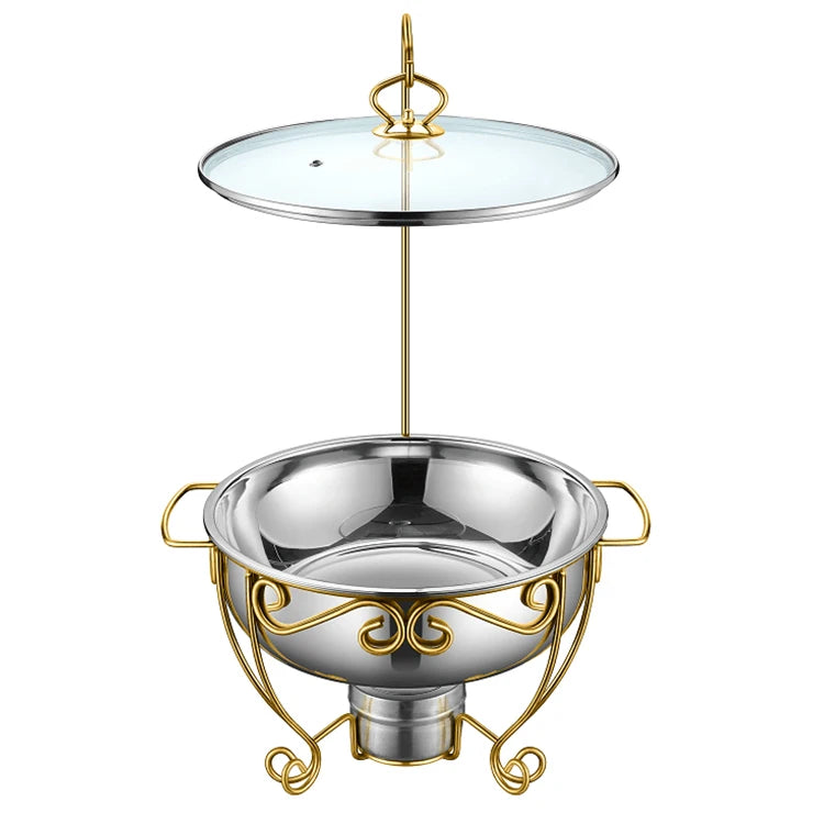 Arabic Luxury Gold Hanging Hinged Glass Lid Chaffing Dishes Buffet Food Warmer Catering Stainless Steel Chafing Dish Set