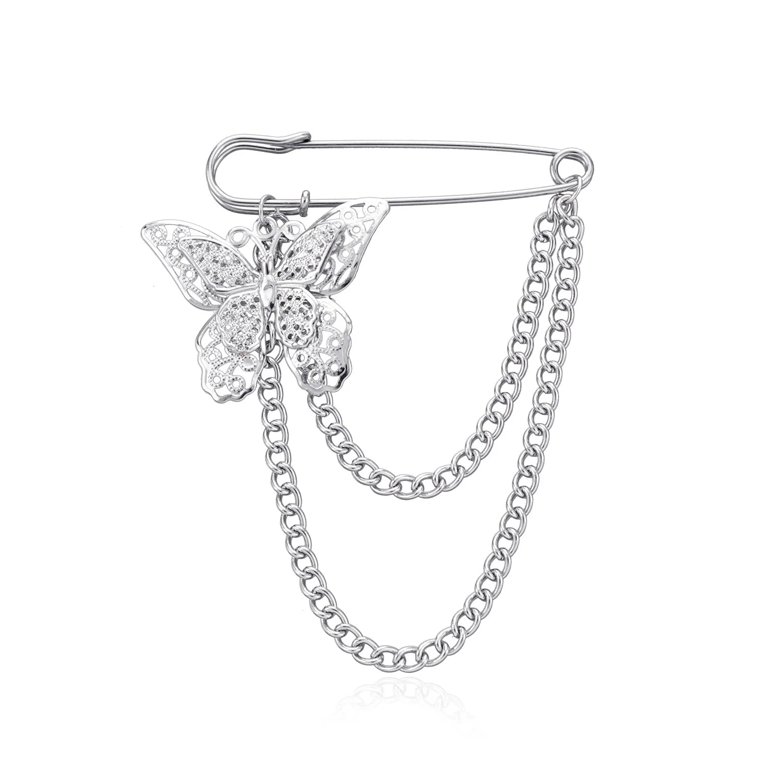 Stock Fashion Brooches Silver Color Butterfly  Flower Heart Pendant Brooch with Long Chain Metal Cutout Pins Coat Accessories