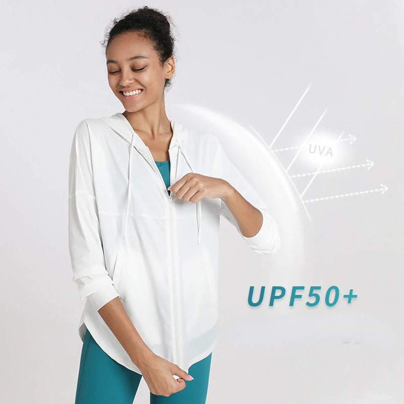 Women's UPF 50+ Quick Dry Outdoor Hoodie Long Sleeve Sun Protection Jackets with Pockets Seamless Washed Techniques for Hiking