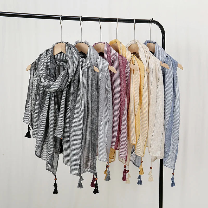 Ethnic Scarf for Ladies Fashionable 190*85 Long Striped Tassel Color-Matched Windproof Sunscreen Hijab Scarf