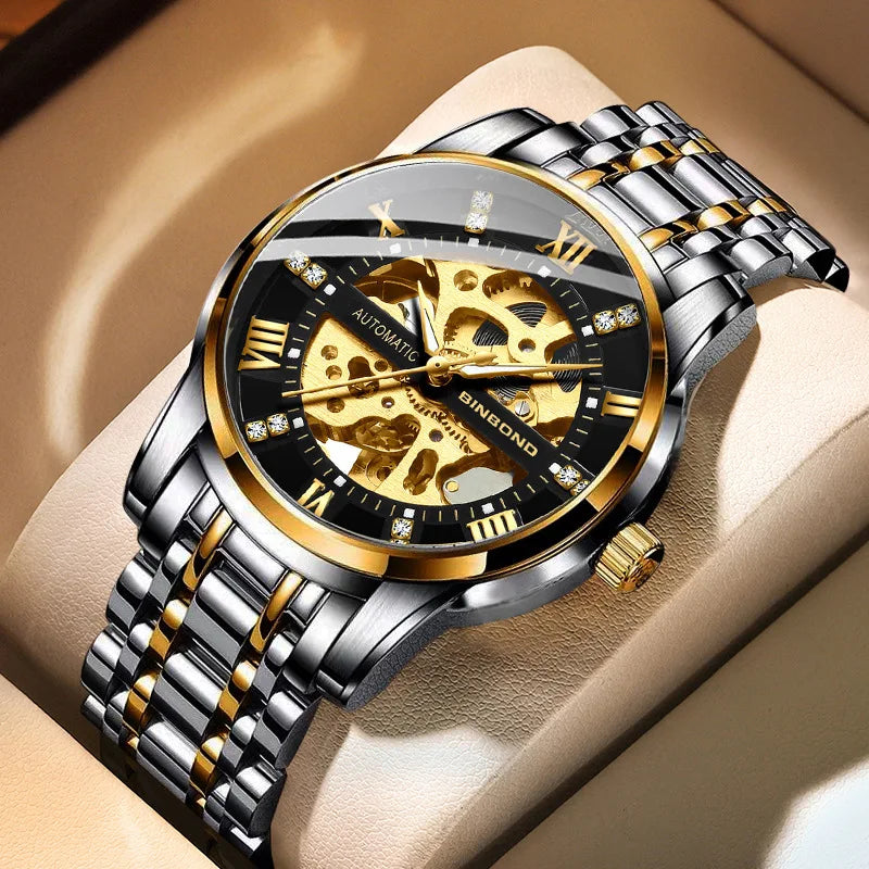 BINBOND B6020 Luxury Fully Automatic Men's Watches Hollowed Out Big Dial Transparent Back Male Clock Mechanical Wristwatch Reloj