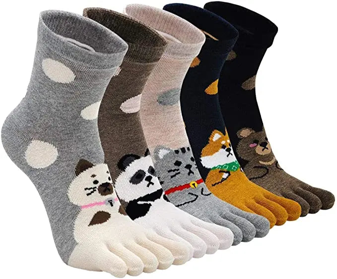 Cute Animal Novelty 5-Toe Durable Breathable Running Ankle Socks for Women Cotton Thin Winter