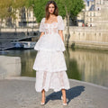 Temperament Lady Style Dresses 2024 Summer New Square Neck Puff Sleeve Lace Embroidery Layered Long Dress for Women