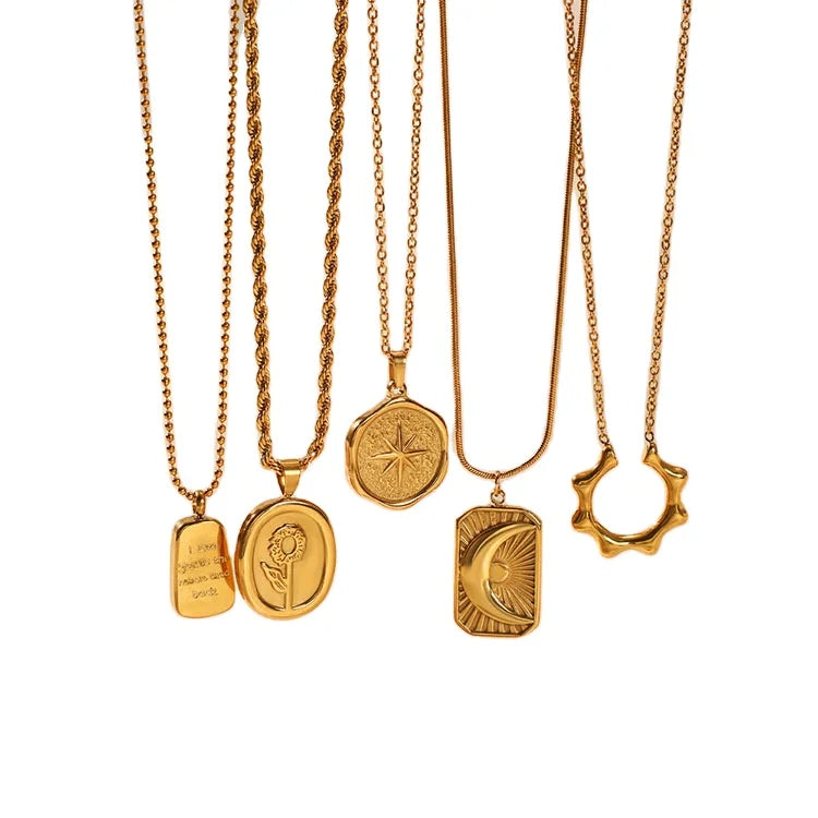 G2009 Vintage French Jewelry Twist Chain Gold Plated Chain Stars Moon Sun Pendant Stainless Steel Necklace for Women