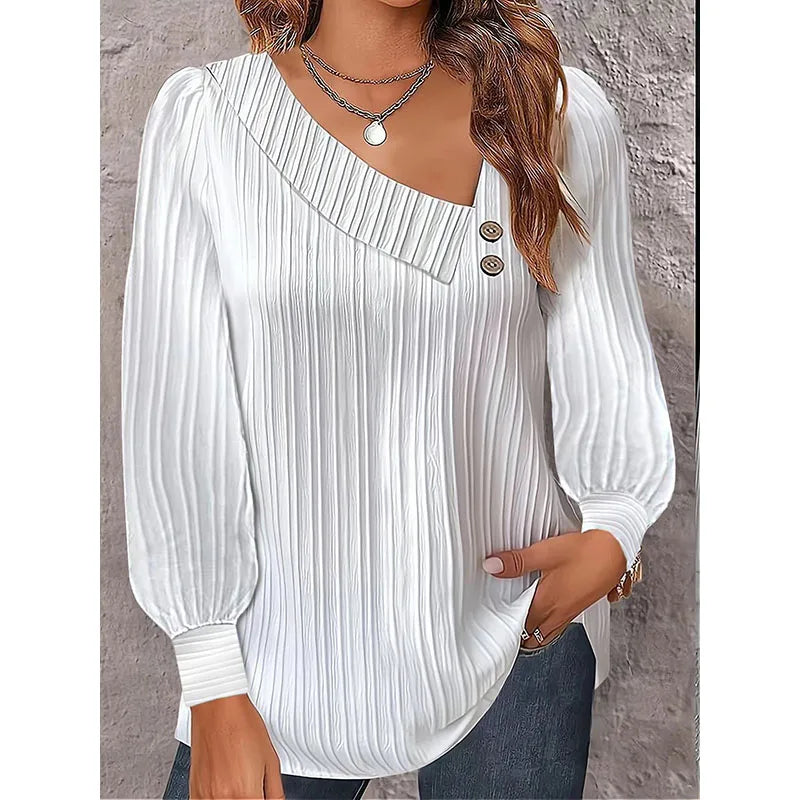 RNSHANGER Elegant Womens Long Sleeved Shirt Autumn Button Diagonal Collar Solid Color Office Lady Blouse