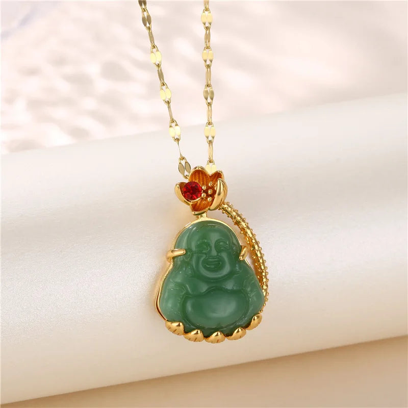 Religious Green Onxy Buddha Pendant Necklace  Stainless Steel Lip shape Chain Laughing Buddha Pendant Necklace