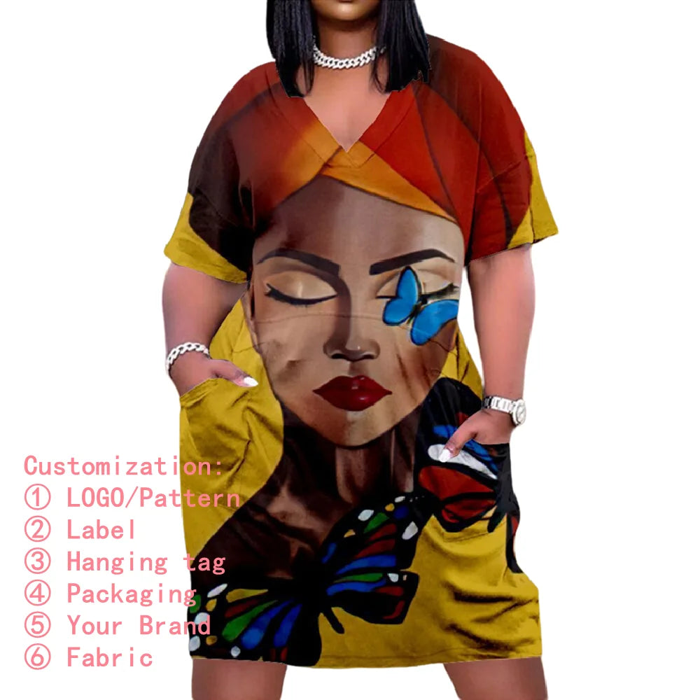 YQY0407 Custom Dresses Women Digital Printed Pattern LOGO Labels Loose T Shirt Maxi Dress Ladies Printed Dress