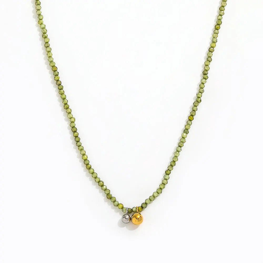 Joolim 18k Gold Plated PVD Dainty Olive Green Zirconia Bead Chain Two-tone Pendant Necklace Stainless Steel Wholesale