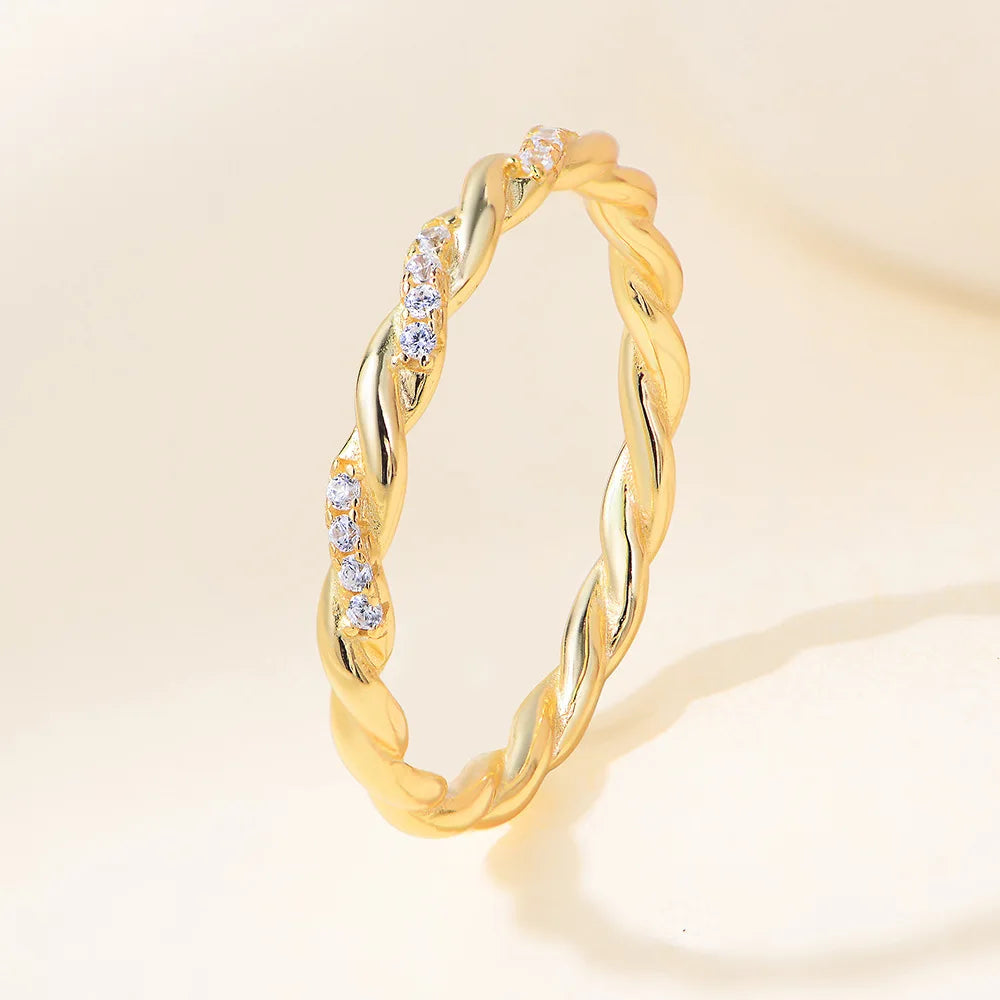 Chic S925 Sterling Silver Twisted Diamond Rings Bling Cubic Zircon Twist Band Rings